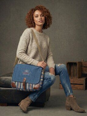 Esprit Womens Large Messenger Bag Blue Denim Canvas Striped Y2K Iconic Rare Bag